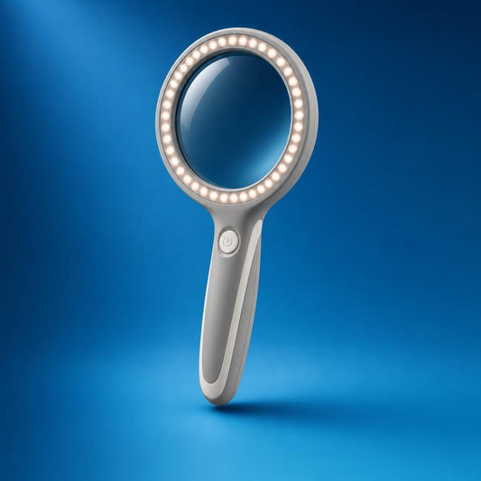 VISOLUZ magnifier, front view with the 37 LEDs on, blue studio background