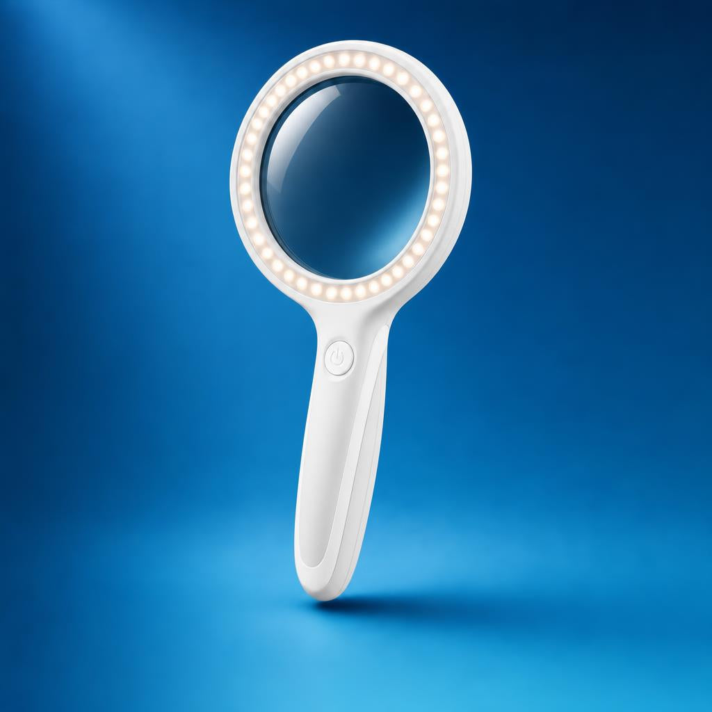 VISOLUZ magnifier, front view in white, 37 LEDs on, blue studio background