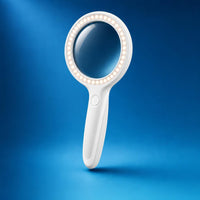 VISOLUZ magnifier, front view in white, 37 LEDs on, blue studio background