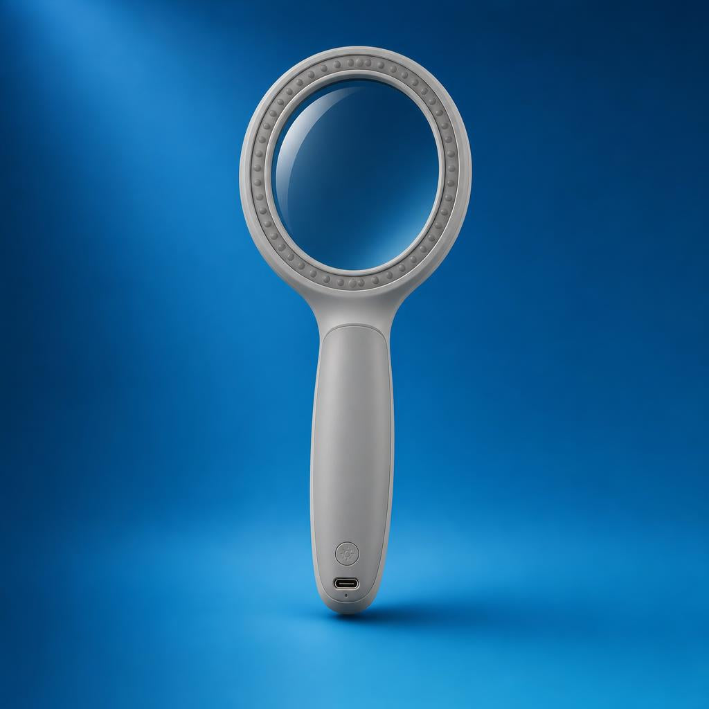 Back of the VISOLUZ magnifier showing the USB-C charging port
