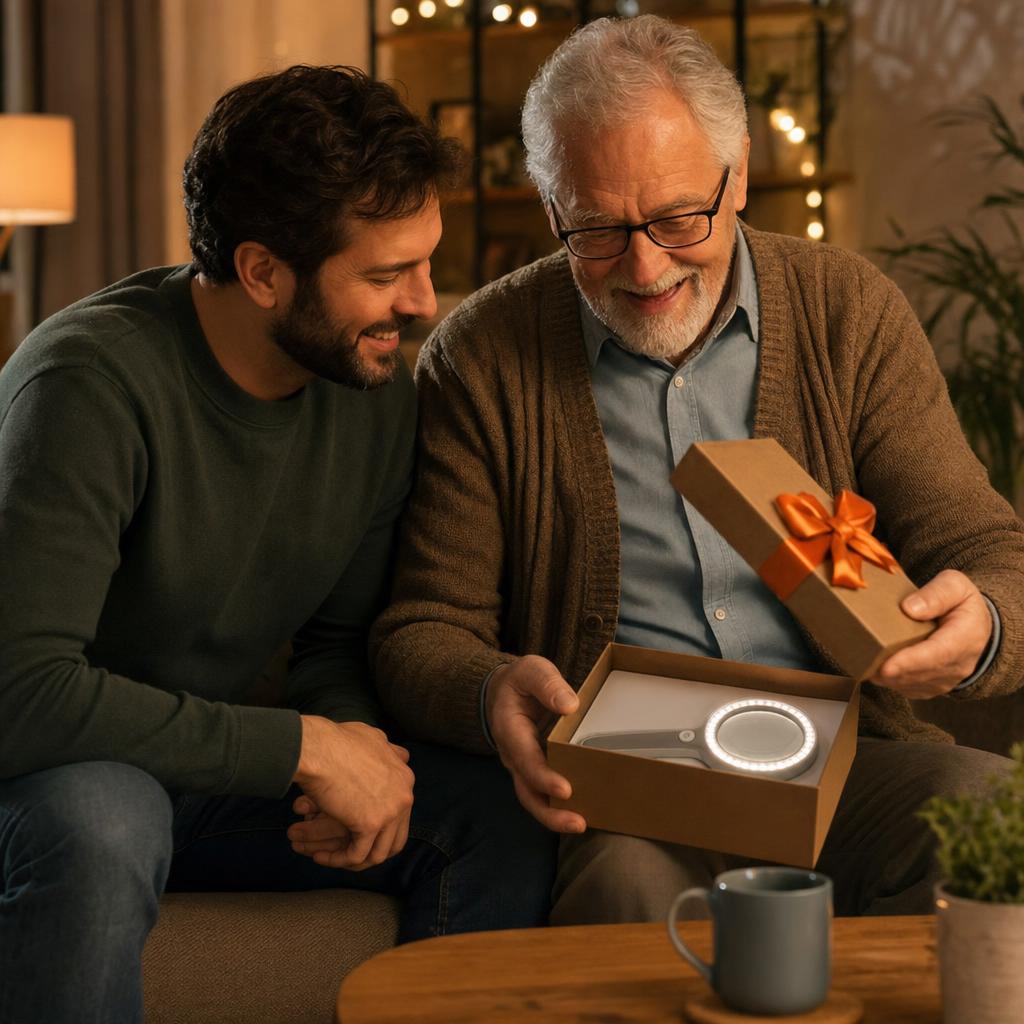A son giving his father the VISOLUZ magnifier as a gift